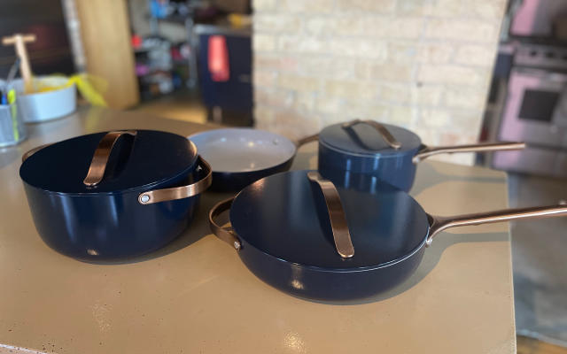 Caraway Non-Toxic and Non-Stick Cookware Set in Midnight Blue with Copper  Handles