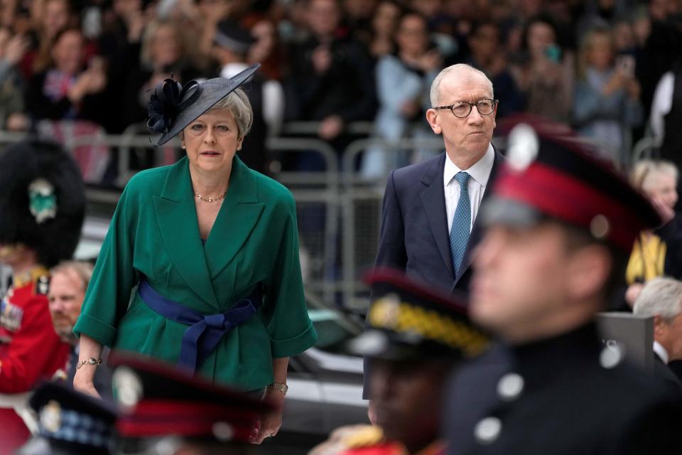 Britain's former prime minister Theresa May and her husband Philip May arrive to attend the National Service of Thanksgiving for The Queen's reign at Saint Paul's Cathedral in London on June 3, 2022 as part of Queen Elizabeth II's platinum jubilee celebrations. - Queen Elizabeth II kicked off the first of four days of celebrations marking her record-breaking 70 years on the throne, to cheering crowds of tens of thousands of people. But the 96-year-old sovereign's appearance at the Platinum Jubilee -- a milestone never previously reached by a British monarch -- took its toll, forcing her to pull out of a planned church service. (Photo by Matt Dunham / POOL / AFP) (Photo by MATT DUNHAM/POOL/AFP via Getty Images)