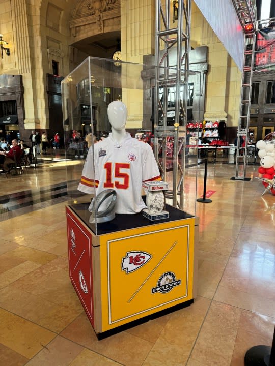 A signed Patrick Mahomes jersey at Union Station before Super Bowl LVIII. (FOX4 photo)