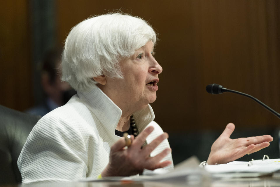 Department of the Treasury Secretary Janet Yellen testifies during a Senate Finance Committee hearing to examine President Joe Biden's proposed budget request for fiscal year 2023, on Capitol Hill, Tuesday, June 7, 2022, in Washington. (AP Photo/Manuel Balce Ceneta)