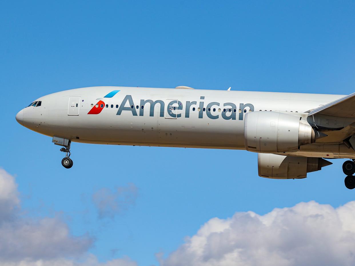 An American Airlines plane in flight.