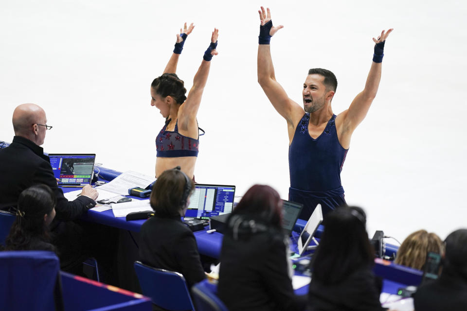 Lilah Fear and Lewis Gibson of Britain perform in the ice dance free dance program during the ISU Grand Prix of Figure Skating - NHK Trophy in Kadoma, near Osaka, Japan, Saturday, Nov. 25, 2023. (AP Photo/Tomohiro Ohsumi)