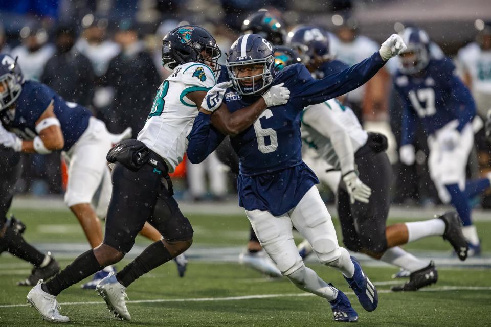 Georgia Southern cornerback NaJee Thompson tries to go upfield against Coastal Carolina during the game Nov. 6 at Paulson Stadium in Statesboro.