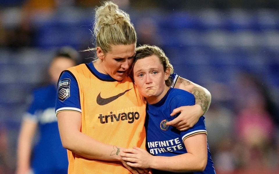 <span>Erin Cuthbert (right) is consoled by her Chelsea teammate Millie Bright as they face up to the idea they might not be able to stop Manchester City taking their title.</span><span>Photograph: Nick Potts/PA</span>