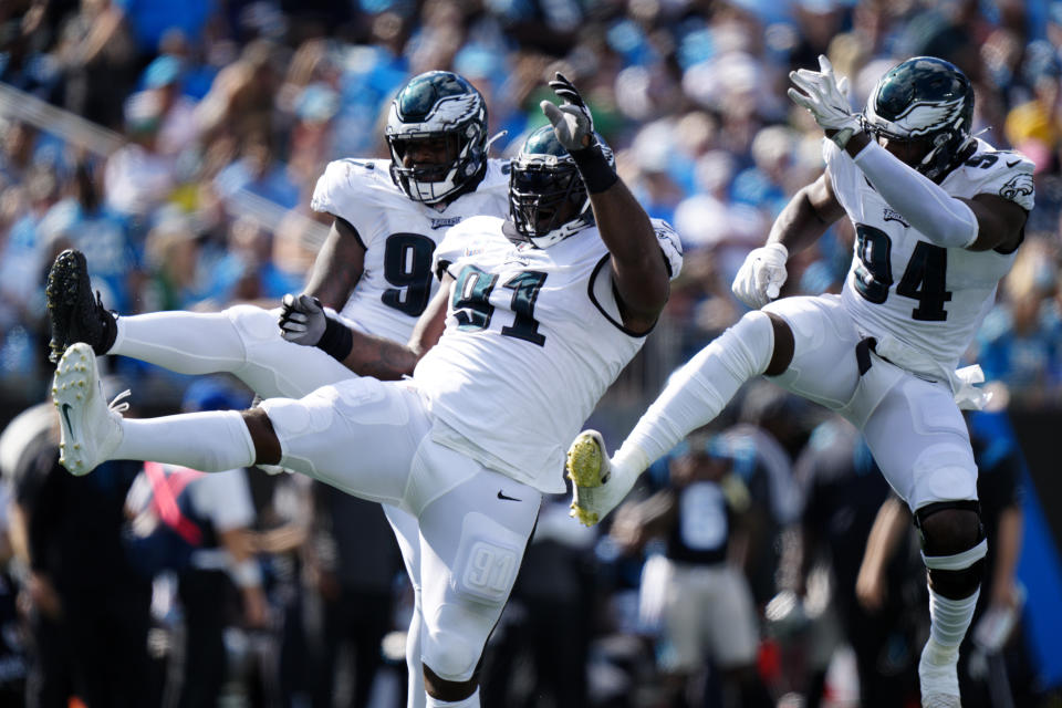 Philadelphia Eagles defensive tackle Fletcher Cox celebrates after a sack against the Carolina Panthers during the second half of an NFL football game Sunday, Oct. 10, 2021, in Charlotte, N.C. (AP Photo/Jacob Kupferman)