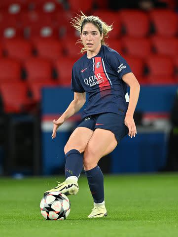 <p>Mustafa Yalcin/Anadolu via Getty</p> Korbin Albert of Paris Saint-Germain (PSG) in action during the UEFA Women's Champions League quarter-final