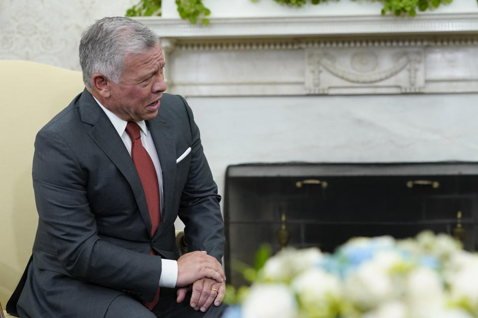 Jordan's King Abdullah II speaks during his meeting with President Joe Biden in the Oval Office of the White House in Washington, Monday, July 19, 2021. (AP Photo/Susan Walsh)