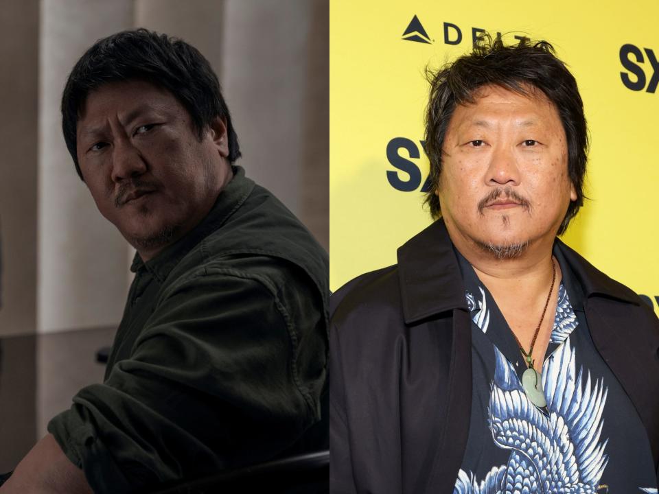 left: da shi sitting at a table, looking concerned and wearing a green shirt; right: benedict wong at south by southwest in a black jacket and blue shirt