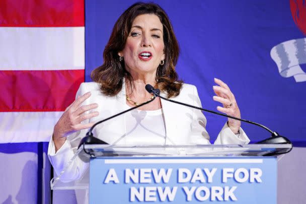 PHOTO: New York Governor Kathy Hochul speaks to attendees while they take part in the New York Democrats for Election Night Watch Party during New York primary election 2022 in New York, June 28, 2022. (Eduardo Munoz/Reuters)