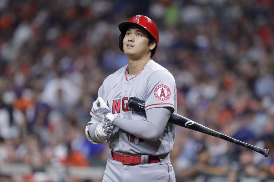 大谷翔平敲出直擊左外野全壘打牆的深遠二壘打。（圖／美聯社）