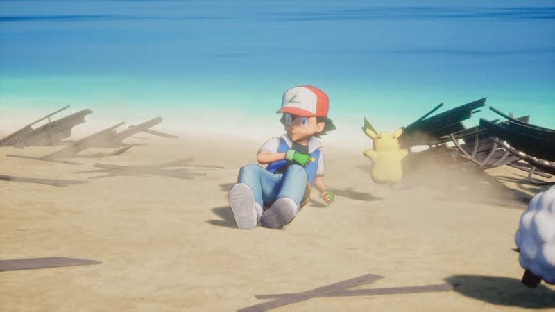Ash is shown getting up on a beach with Pikachu running away from him.