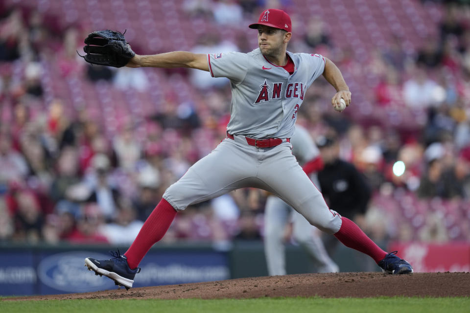 Los Angeles Angels pitcher Tyler Anderson throws in the first inning of a baseball game against the Cincinnati Reds, Friday, April 19, 2024, in Cincinnati. (AP Photo/Carolyn Kaster)