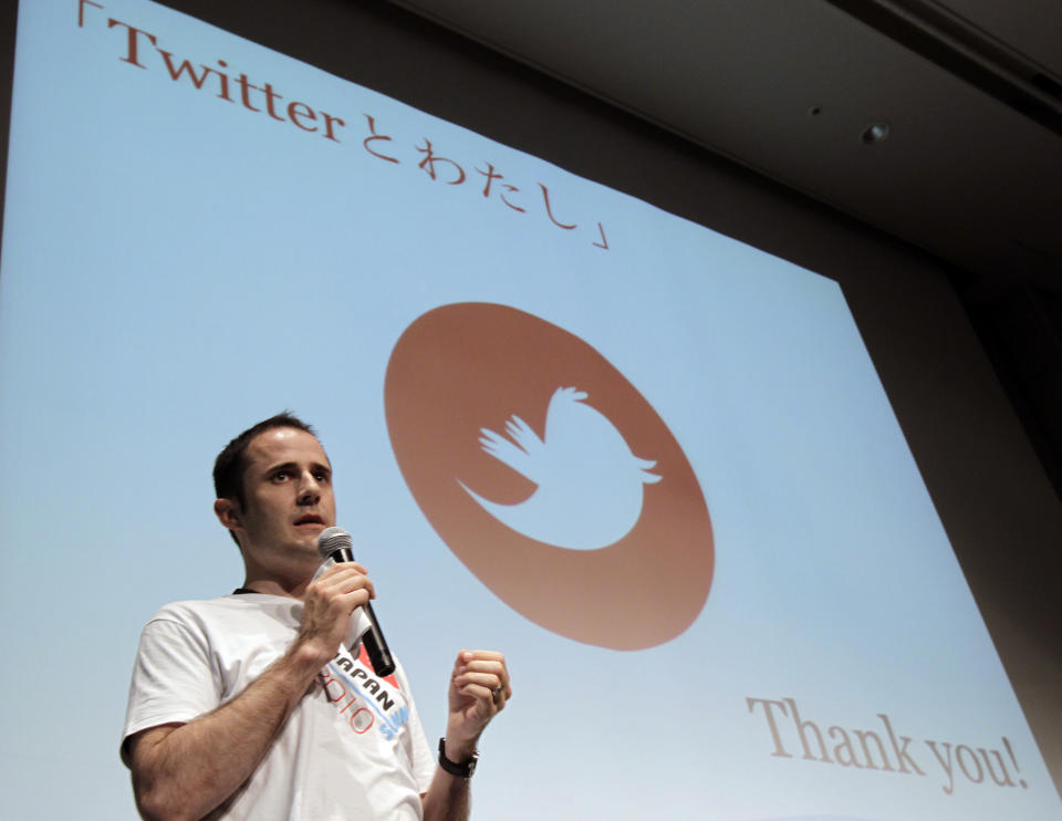 FILE - Twitter Chief Executive Evan Williams speaks during a Tweetup Japan 2010 Summer event in Tokyo,Friday, July 23, 2010. Elon Musk may want to send “tweet” back to the birds, but the ubiquitous term for posting on the site he now calls X is here to stay, at least for now. For one, the word is still plastered all over the website formerly known as Twitter. Write a post, you still need to press a blue button that says “tweet” to publish it. To repost it, you still tap “retweet.” (AP Photo/Koji Sasahara, File)