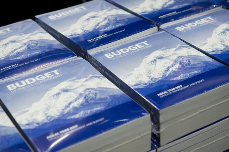 Copies of US President Barack Obama's Fiscal Year 2017 budget are distributed by the Senate Budget Committee on Capitol Hill in Washington, DC, February 9, 2016