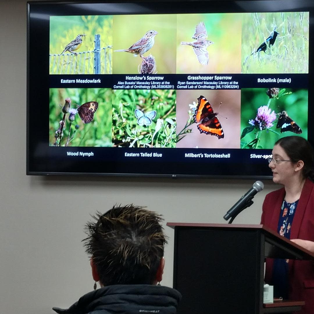 Christina Stump shows Ashland County commissioners the different wildlife that could potentially be harmed if solar panels are installed in Byers Woods.