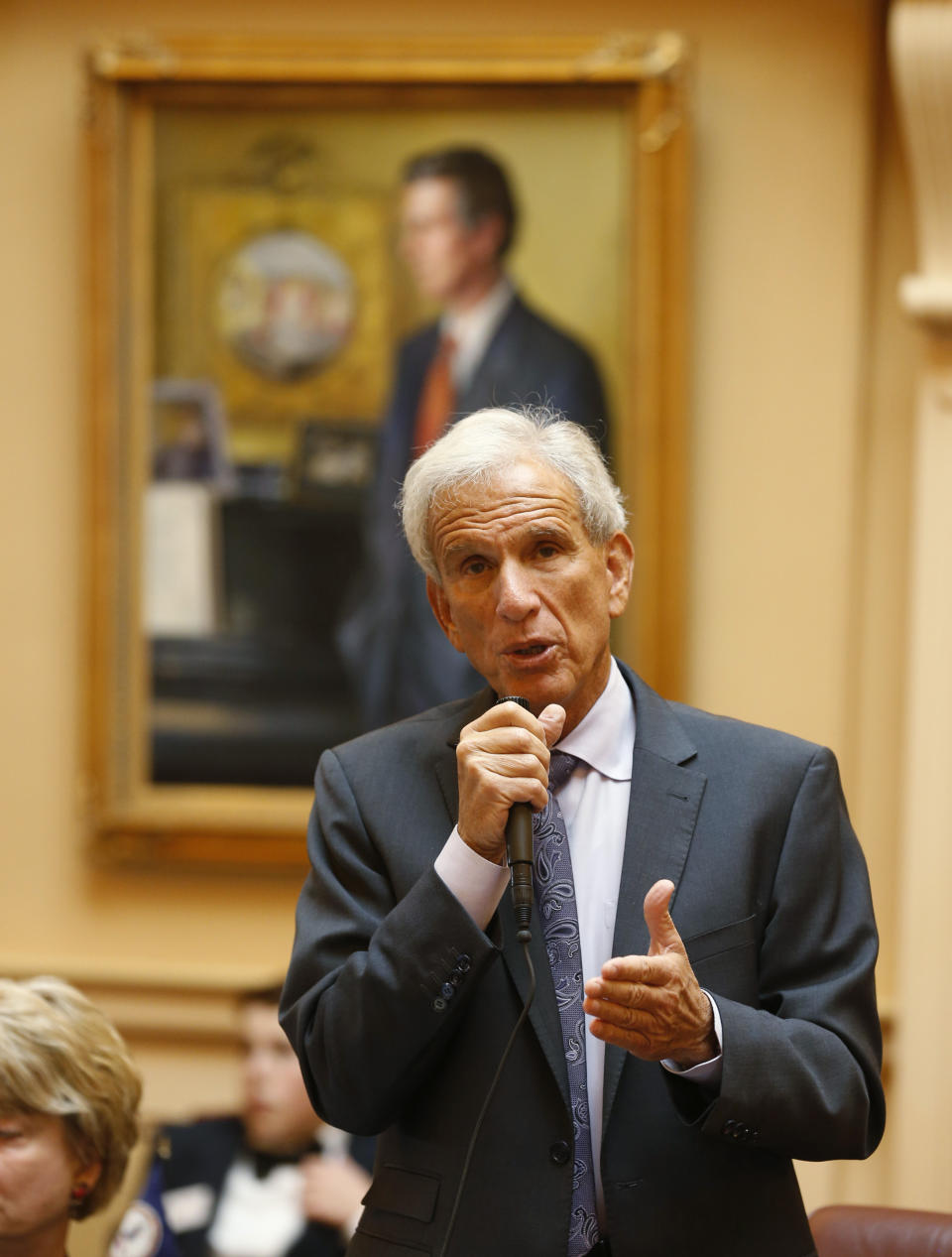 FILE - In a Tuesday, Jan. 20, 2015 file photo, Senate minority leader,Sen. Richard Saslaw, D-Fairfax, speaks during debate on a bill during the Senate session at the Capitol in Richmond, Va. Saslaw is facing a primary challenger for the first time in 40 years. (AP Photo/Steve Helber)