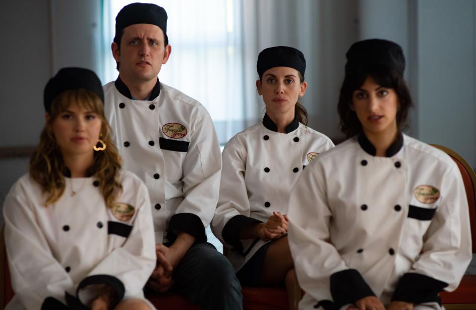Alison Brie (back right, with Debby Ryan, Zach Woods and Ayden Mayeri) plays a California restaurant manager picked to go on an Italian adventure in the comedy "Spin Me Round."