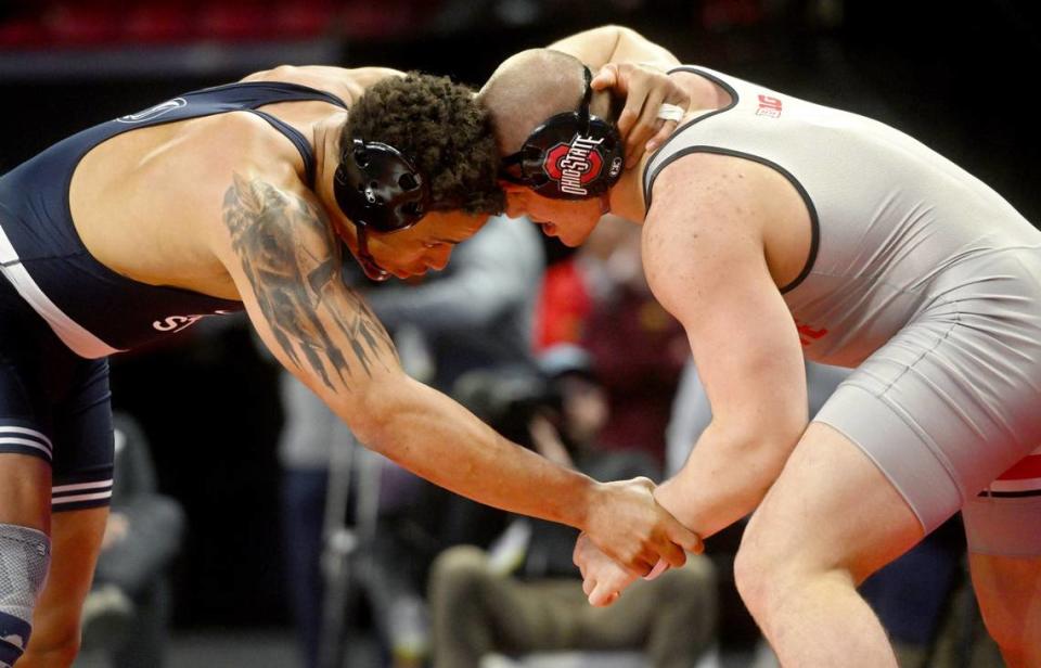 Penn State’s Greg Kerkvliet wrestles Ohio State’s Nick Feldman in the 285 lb championship bout of the Big Ten Wrestling tournament at the Xfinity Center at the University of Maryland on Sunday, March 10, 2024.