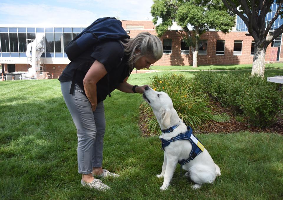 Pamela Miller, chief of staff at Augustana University, gives Ace the Augie Doggie a treat for his good behavior on campus on Thursday, Aug. 24, 2023.