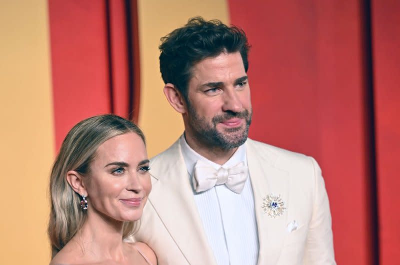 John Krasinski (R) and Emily Blunt (L) attend the Vanity Fair Oscar party in March. File Photo by Chris Chew/UPI