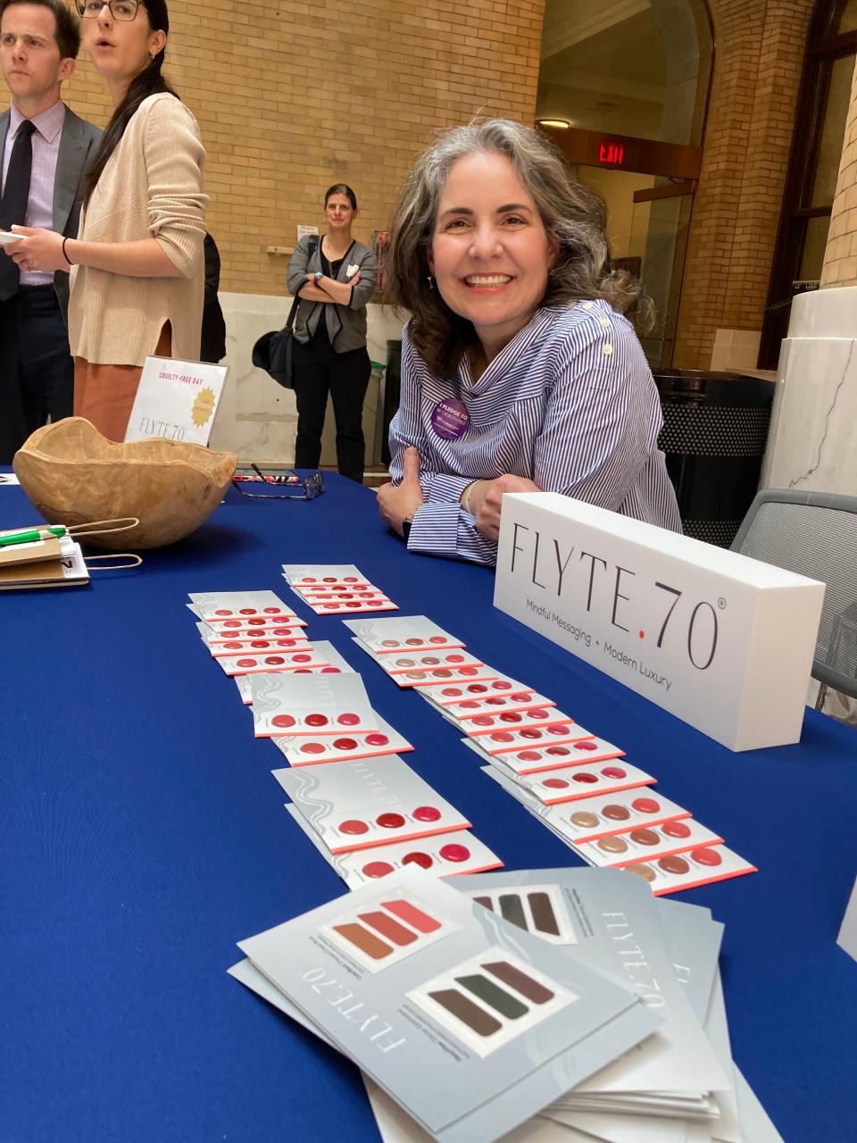 Elena Frankel, one of the founders of Flyte.70, based in Lexington, participated in a cruelty-free product day at the Massachusetts Statehouse Wednesday.