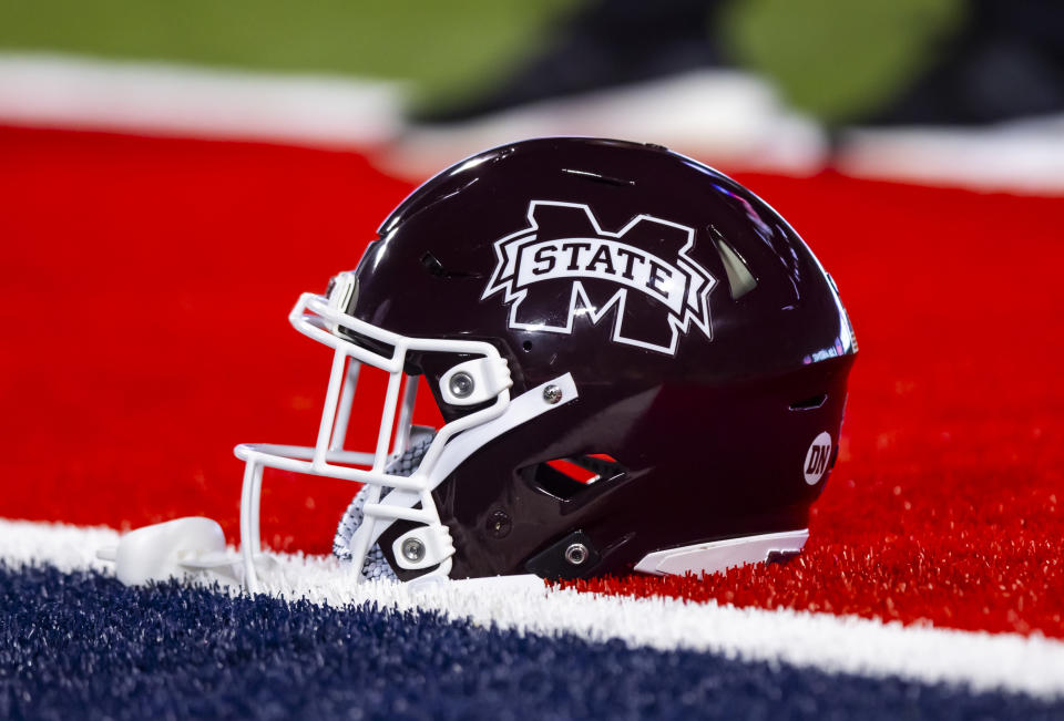 Sept. 10, 2022; Tucson, Arizona; Detailed view of a Mississippi State Bulldogs helmet at Arizona Stadium. Mark J. Rebilas-USA TODAY Sports