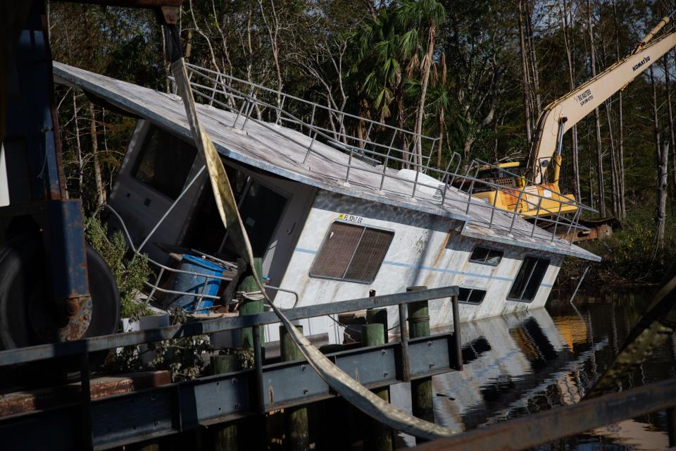 Boats at the marina in Suwannee, Fla. displaced following Hurricane Idalia are left for owners to find Thursday, Aug. 31, 2023.