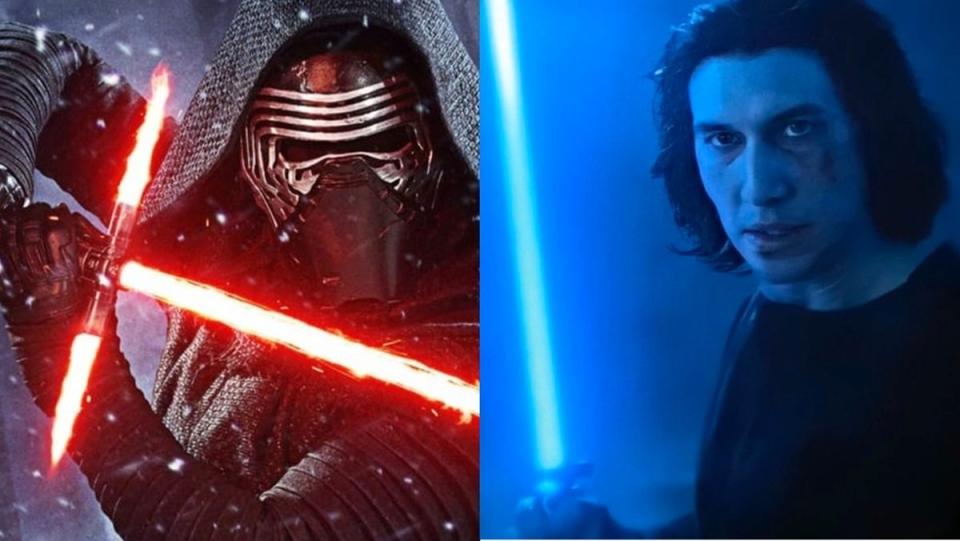 Adam Driver as Kylo Ren in The Force Awakens, and as Ben Solo in The Rise of Skywalker.