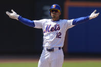 New York Mets' Francisco Lindor reacts after hitting a two-run double during the sixth inning of a baseball game against the Chicago Cubs at Citi Field, Thursday, May 2, 2024, in New York. (AP Photo/Seth Wenig)