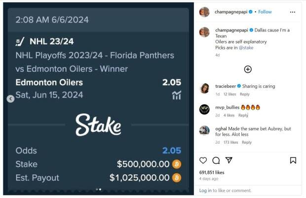 A post from Drake outlined a $500,000 US bet he is putting on the Edmonton Oilers — with him betting that the team will win the Stanley Cup.