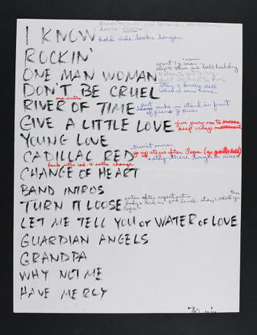 <p>courtesy of the Naomi Judd Estate</p> 'Love Can Build a Bridge' tour setlist with Naomi Judd’s handwritten stage movement cues, 1991