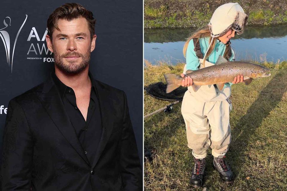 <p> Brendon Thorne/Getty for AFI; Chris Hemsworth/Instagram</p> Chris Hemsworth (left) photographed in 2022 and daughter India (right) photographed ice fishing