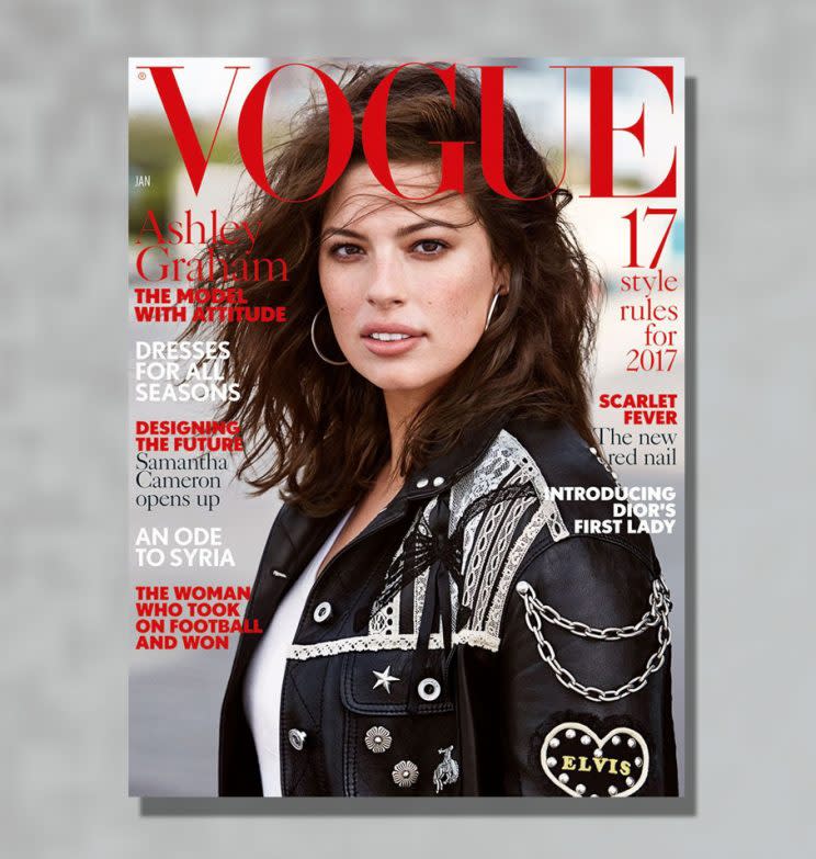 Some designers declined to dress plus-size model Ashley Graham, who graces the cover of British <em>Vogue</em>‘s January 2017 issue (Photo: Vogue U.K.)