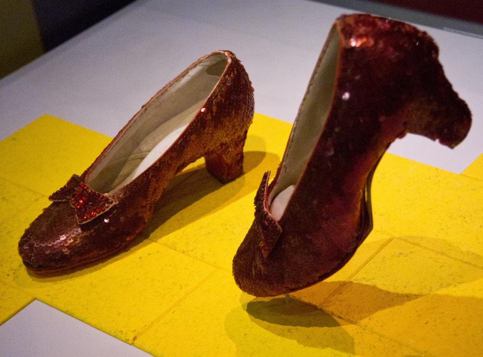 The famous ruby slippers worn by actress Judy Garland in the character of Dorothy in the "Wizard of Oz," on display April 11, 2012, at the Smithsonian Museum of American History in Washington, DC.