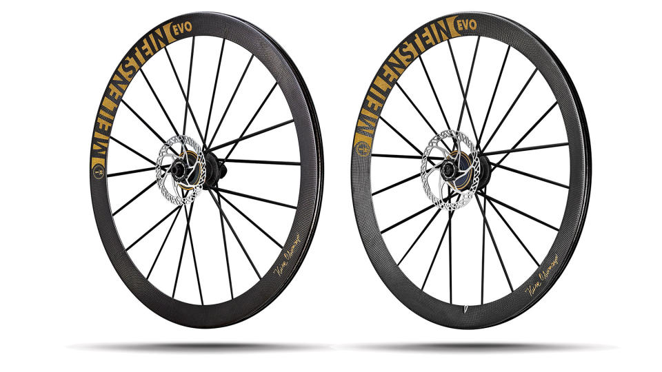 Lightweight Meilenstein EVO Signature Edition Gold carbon road wheels, angled pair