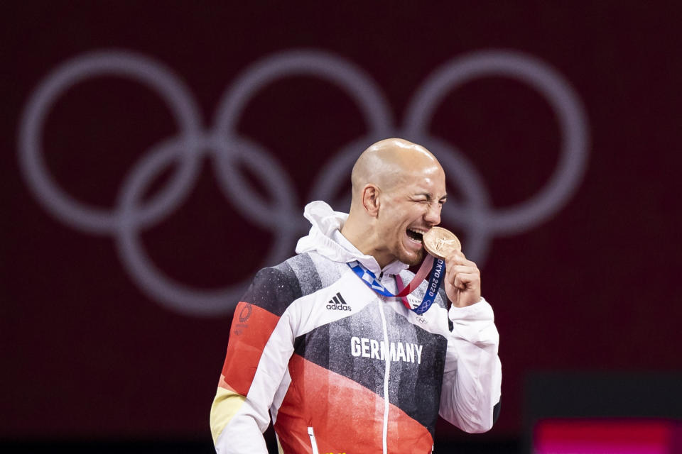 CHIBA, JAPAN - AUGUST 04: (BILD ZEITUNG OUT) Frank Staebler of Germany cheers at the award ceremony in the Men's Greco-Roman 67kg Bronze Medal Wrestling Match on day twelve of the Tokyo 2020 Olympic Games at Makuhari Messe Hall on August 4, 2021 in Chiba, Japan. (Photo by Tom Weller/DeFodi Images via Getty Images)