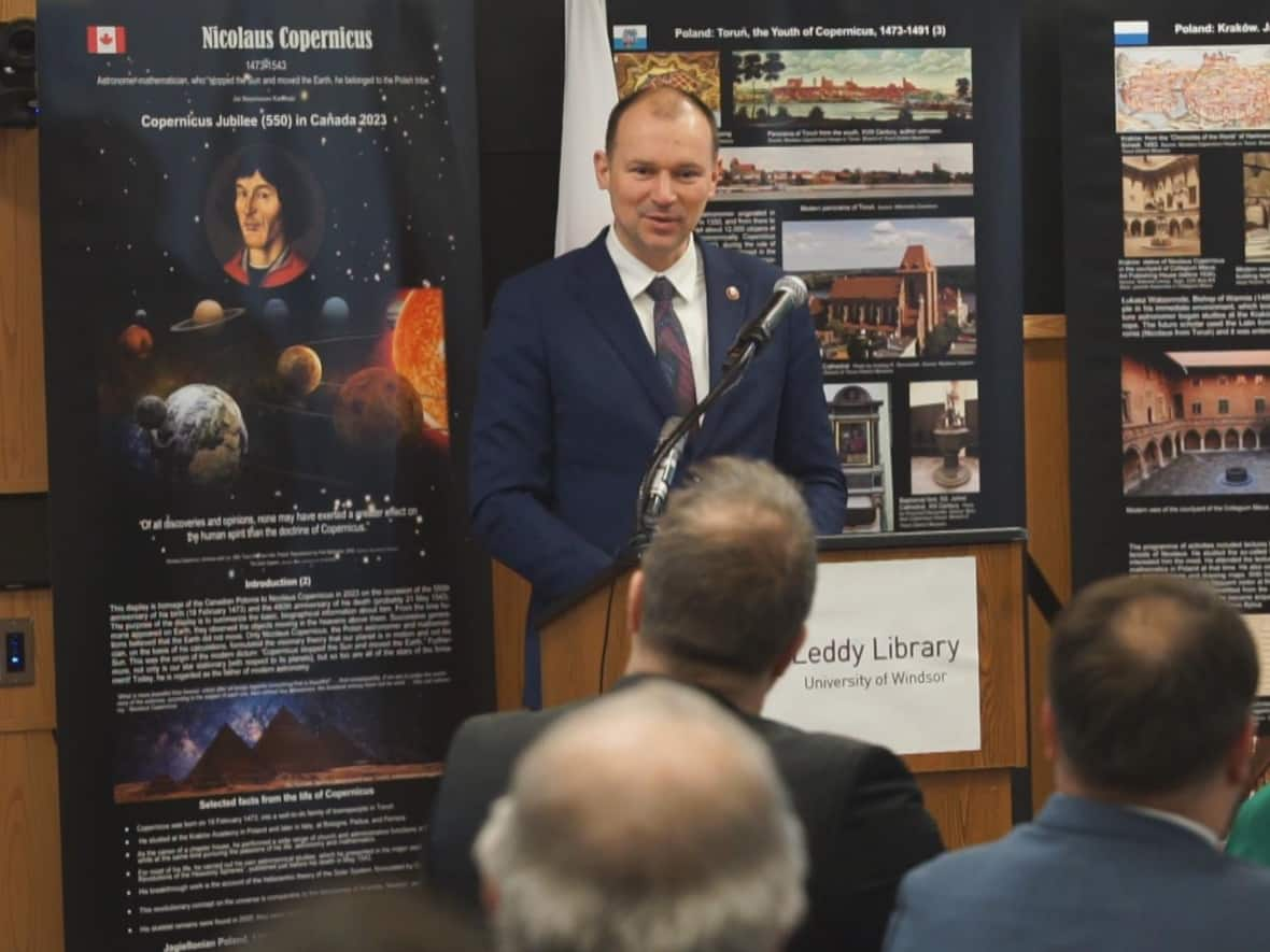 Polish ambassador to Canada Witold Dzielski was at Leddy Library to celebrate the National Inauguration of the Copernicus Jubilee. (Darryl G. Smart/CBC News - image credit)