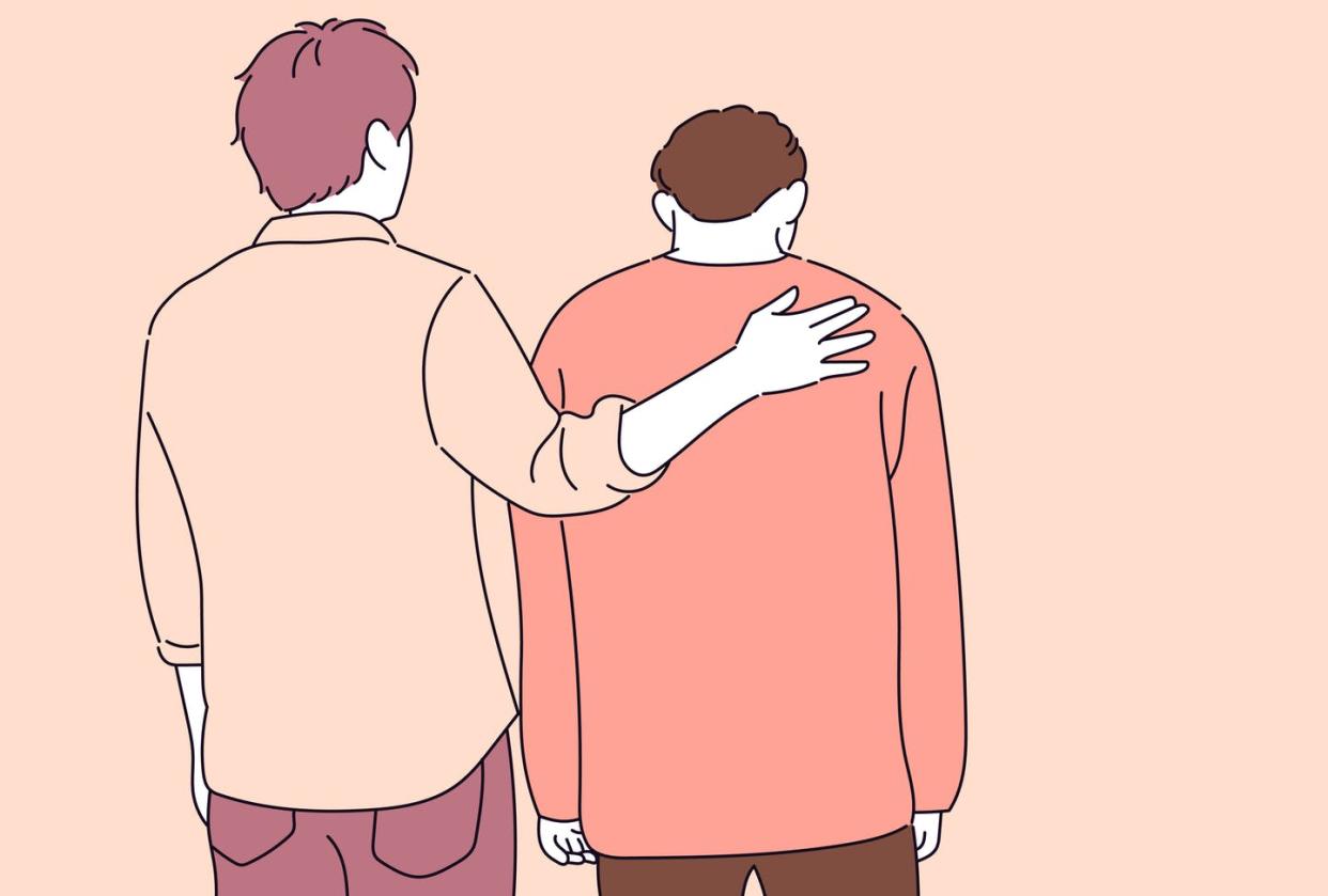 <span class="caption">Men seem more hesitant about both making friends and celebrating their friendships.</span> <span class="attribution"><a class="link " href="https://www.shutterstock.com/image-vector/one-man-patting-other-mans-shoulders-1506189866" rel="nofollow noopener" target="_blank" data-ylk="slk:miniwide/Shutterstock.com;elm:context_link;itc:0;sec:content-canvas">miniwide/Shutterstock.com</a></span>