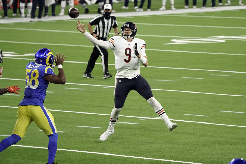 Chicago Bears quarterback Nick Foles (9) throws an interception in the end zone during the second half of an NFL football game against the Los Angeles Rams Monday, Oct. 26, 2020, in Inglewood, Calif. (AP Photo/Ashley Landis)