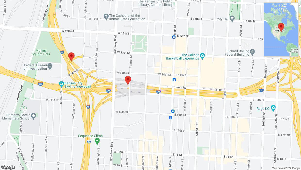 A detailed map that shows the affected road due to 'Central Street closed in Kansas City' on May 9th at 10:14 p.m.