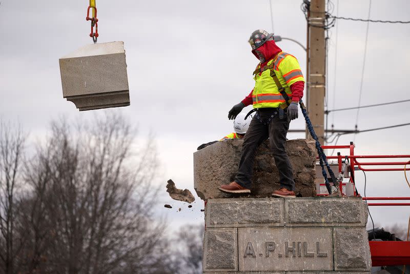 Statue of Confederate General A.P. Hill is removed from its plinth in Richmond
