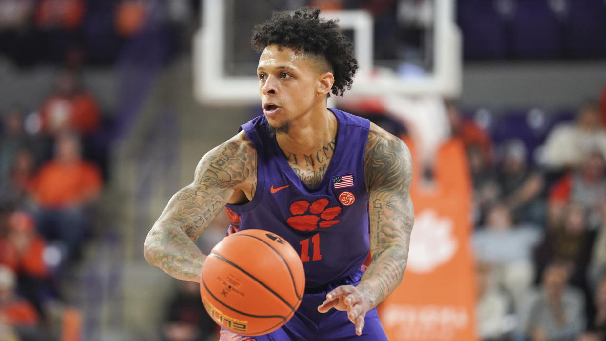 Clemson guard Brevin Galloway passes the ball during the first half of the game against Georgia Tech on Tuesday. (AP Photo/Sean Rayford)