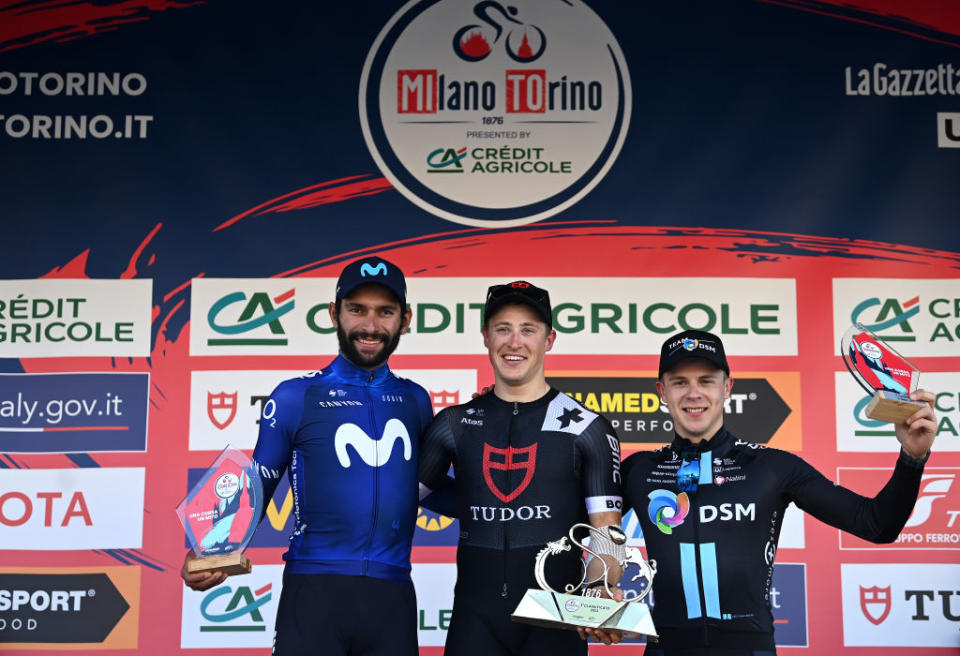 ORBASSANO ITALY  MARCH 15 LR Fernando Gaviria of Colombia and Movistar Team on second place race winner Arvid De Kleijn of The Netherlands and Tudor Pro Cycling Team and Casper Van Uden of The Netherlands and Team DSM on third place pose on the podium ceremony after the the 104th MilanoTorino 2023 a 192km one day race from Rho to Orbassano  MilanoTorino  on March 15 2023 in Orbassano Italy Photo by Tim de WaeleGetty Images