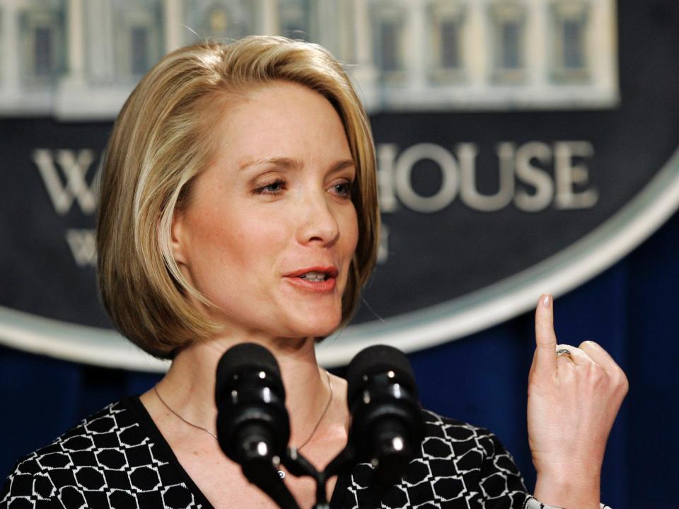 White House Deputy Press Secretary Dana Perino holds up her finger in 2007.