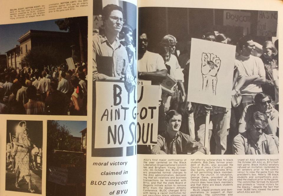 ASU students protest BYU at Sun Devil Stadium in 1969.