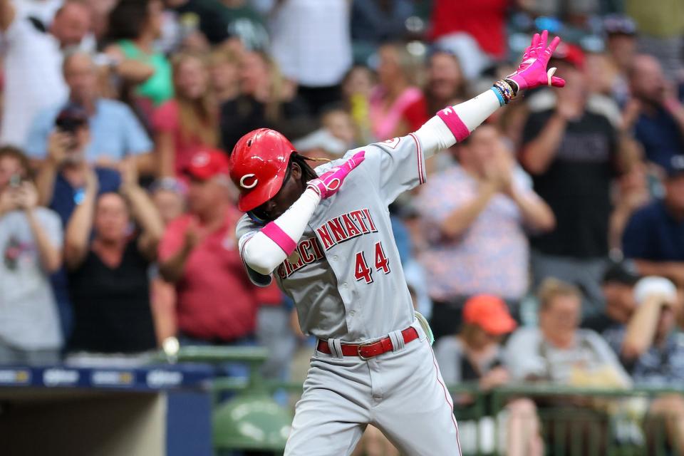 Elly De La Cruz of the Cincinnati Reds celebrates a two run home run against the Milwaukee Brewers at American Family Field on July 24, 2023.