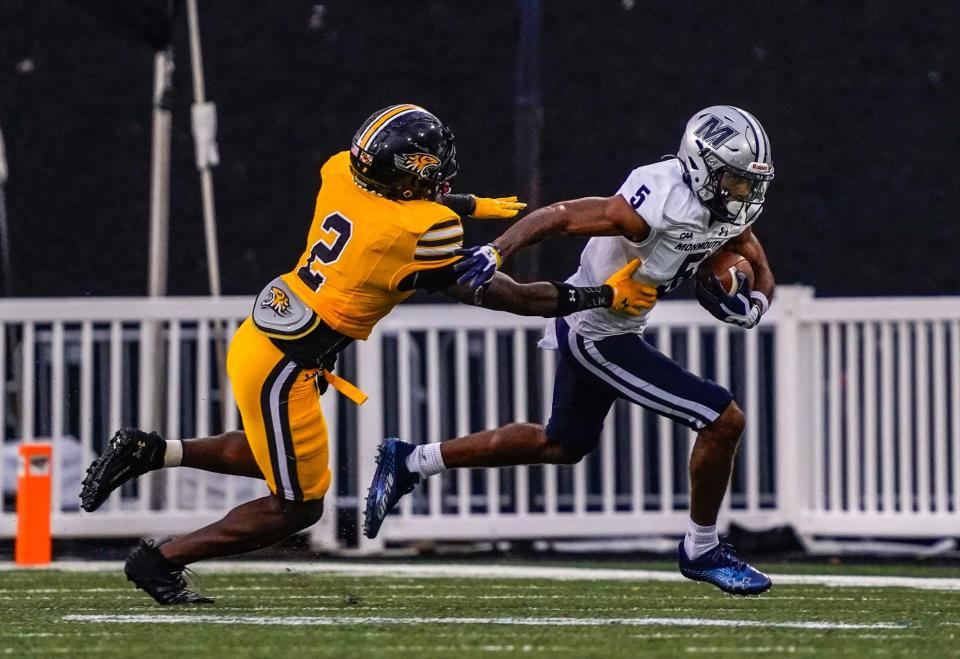 Monmouth's Dymere Miller picked up yards after making a catch against Towson on Sept. 10, 2023.