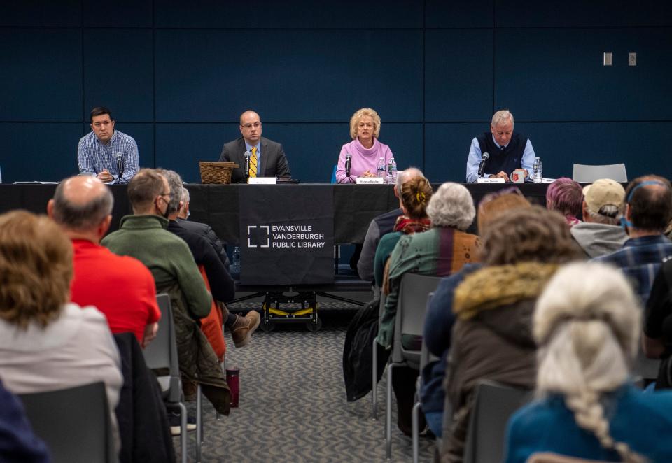 State representative, from left, Ryan Hatfield, moderator Joshua Claybourn, and State Senators Vaneta Becker and Jim Tomes field questions from the public during the Meet Your Legislators event at Central Library in Downtown Evansville, Ind., Saturday morning, Jan. 14, 2023.