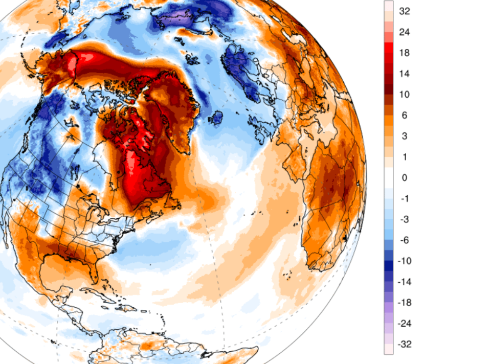 Cette carte du « Climate Reanalyser » de l’Université du Maine représente les anomalies de chaleur sur terre, le mercredi 8 mars. Plus les zones sont rouges, plus les températures sont supérieures aux normales de saison. La calotte glaciaire du Groenland est colorée d’un rouge vif, car les températures sont entre 15°C et 30°C au-dessus des moyennes pour un mois de mars. 