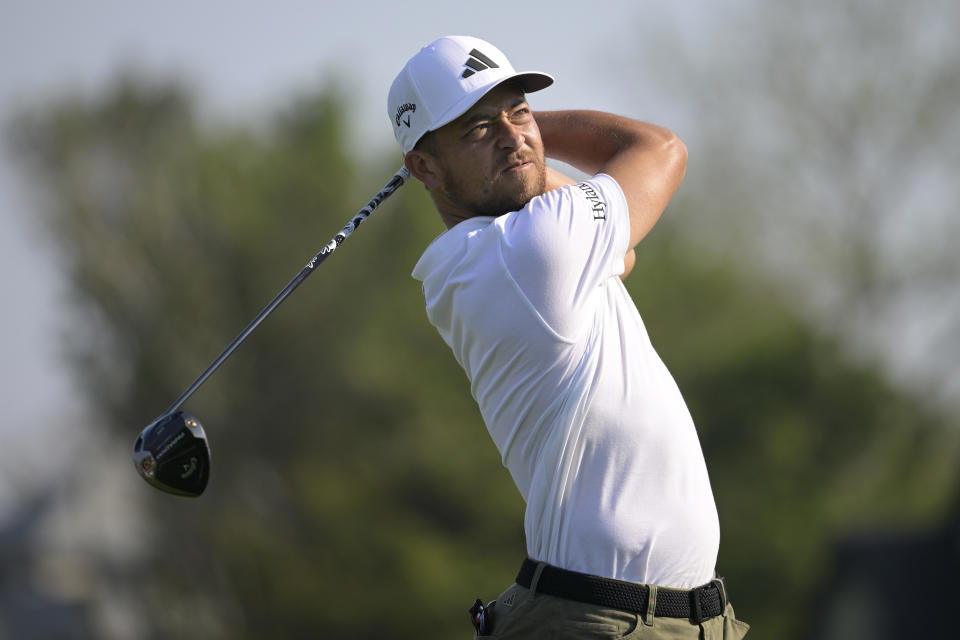 FILE - Xander Schauffele watches his tee shot on the 16th hole during the second round of the Arnold Palmer Invitational golf tournament, Friday, March 3, 2023, in Orlando, Fla. (AP Photo/Phelan M. Ebenhack, File)